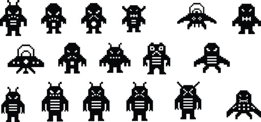 Pixel alien enemy sprite set. Retro 8 bit space monsters collection for arcade games. Classic pixel art characters for video game design assets. © HazelQueen