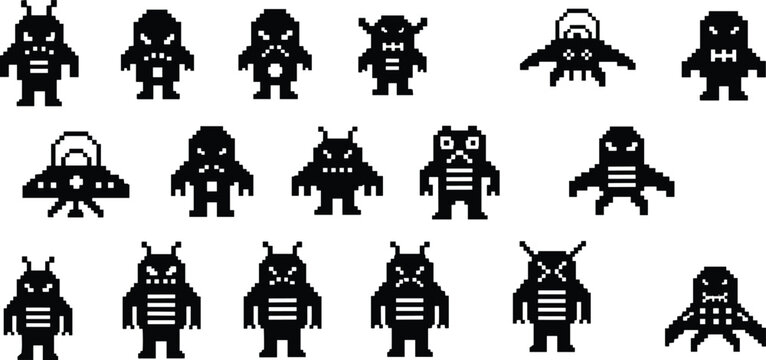 Pixel alien enemy sprite set. Retro 8 bit space monsters collection for arcade games. Classic pixel art characters for video game design assets.