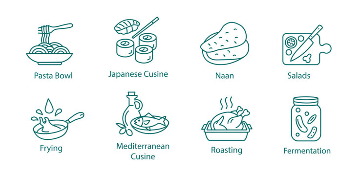 Food Preparation and Cuisine Icons Including Pasta Sushi and Roasting