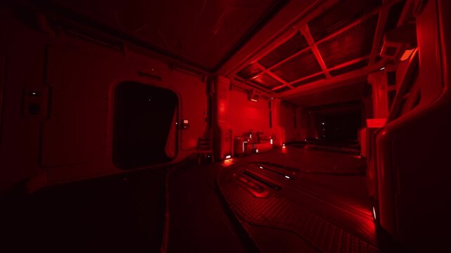red lit spaceship cargo bay interior, empty metal floor, open hatch sliding into void, dim alarm indicators blinking, rails and crate shadows, industrial panels