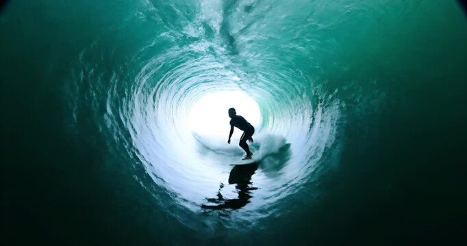 Surfer riding inside big blue ocean wave