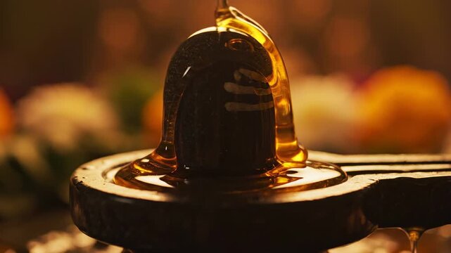 Close up of a Shiva Lingam stone sculpture being bathed in golden honey during a sacred ritual with soft focus background lighting