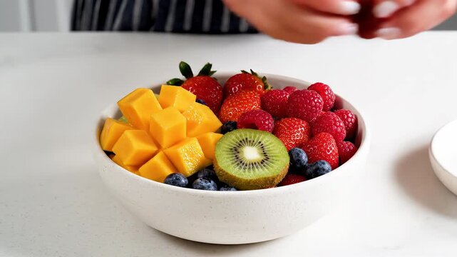 Preparing Healthy Fruit Salad Bowl in Modern Kitchen