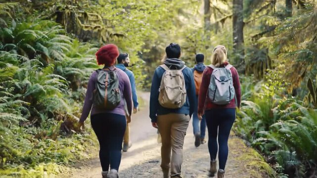Diverse friends in outdoor attire walk a winding dirt path through a lush temperate forest. Dappled golden hour light, shallow depth of field. Concept of active lifestyle and nature connection