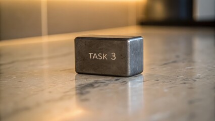 Metallic Block with Task Number Three on Marble Surface Background
