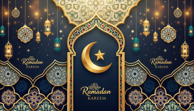 Elegant Ramadan Night with Lanterns and Crescent Moon