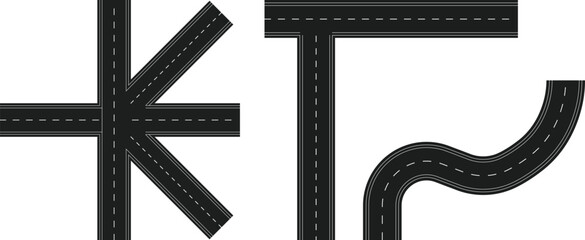 Naklejka premium Graphic representation of a complex road network with a four-way intersection and a curved road segment, perfect for transport themes.