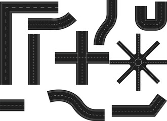 A diverse collection of road pieces including curves, junctions, and straight sections for creating complex transportation networks.