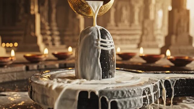 Sacred Hindu Ritual Ablution of Shiva Lingam with Milk During Golden Hour Warm Temple Lighting with Diya Lamps Illuminated