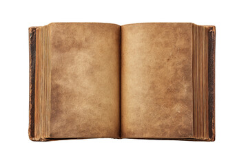 Obraz premium Open antique book, aged pages, brown leather cover