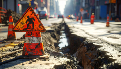 A road under construction with a warning sign and orange cones on a city street