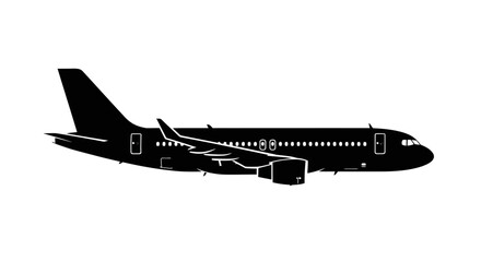 A commercial airplane is seen in a simple black silhouette illustration against a white background 