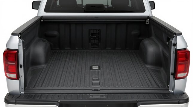The empty bed of a silver pickup truck with its tailgate open