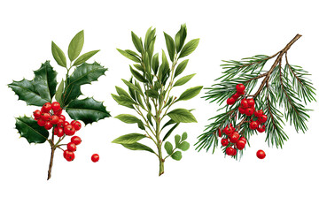 Three sprigs of holiday greenery, holly, bay leaf, and pine