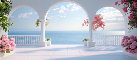 Obraz premium White balcony overlooking the ocean with pink flowers