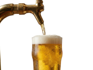 A refreshing golden beer being poured into a glass with frothy foam on top.