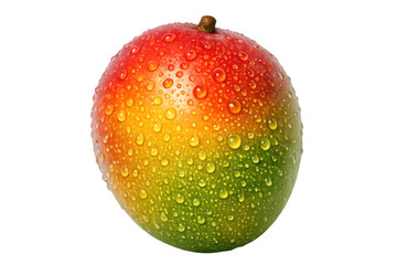 Naklejka premium Fresh mango fruit covered in water drops, showing vibrant red, yellow, and green colors, on transparent background
