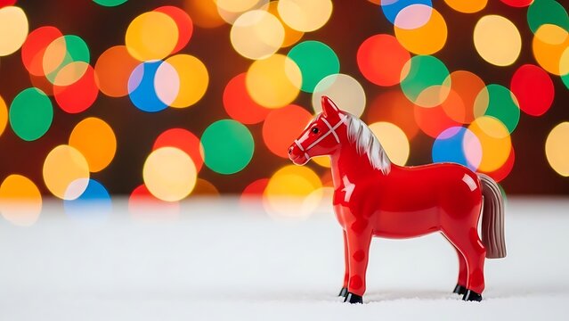Small bright red traditional wooden Dala horse figurine stands proudly on white snow against a dazzling background of colorful holiday Christmas lights creating a festive and charming seasonal display