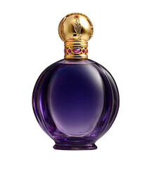A round, purple perfume bottle with a gold cap