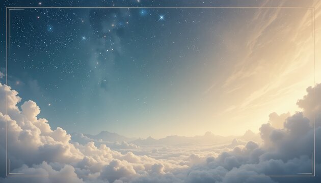 Serene starry night sky with fluffy clouds at sunset