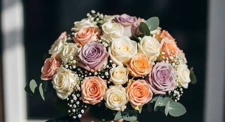 Obraz premium Elegant Bouquet of Pastel Roses and Baby's Breath for Weddings and Celebrations