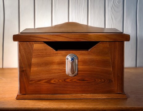 a wooden offering box from a church features a sliding metal slot on top for parishioners to deposit donations