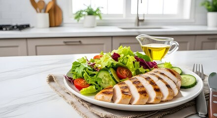 Grilled chicken breast slices served with a fresh garden salad and olive oil dressing on a marble kitchen counter.