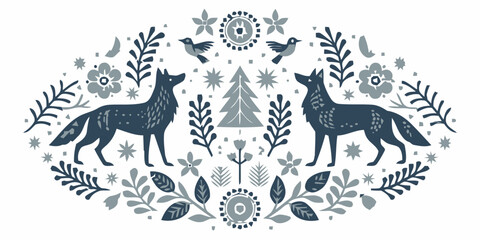 Obraz premium Majestic wolves surrounded by lush foliage and birds in a mystical forest scene