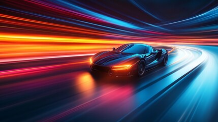 Fototapeta premium Black sports car on a light trail road, motion blur, high resolution image