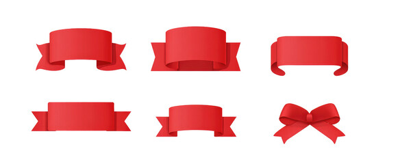 Red ribbon and bow set.  Various ribbon shapes, including curved, banner, and bow.  Flat design, vibrant red color, outlined in a slightly darker shade.  A collection of decorative graphic elements