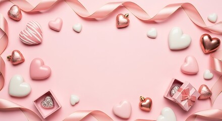 Fototapeta premium Romantic Valentine's Day Arrangement with Heart-Shaped Decorations, Gift Boxes, and Soft Pink Ribbons for Love and Celebration Themes