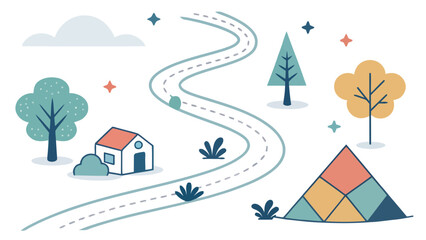 Fototapeta premium Whimsical landscape with winding road through trees to house and mountain
