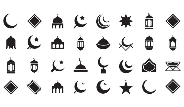 Minimalist islamic icons for ramadan and eid featuring crescent shapes star symbols and mosque silhouettes