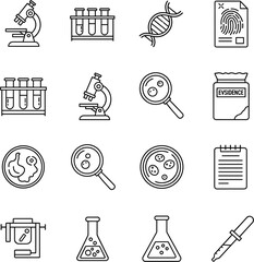 Black line vector icons of forensic science laboratory equipment DNA analysis and fingerprinting research tools।