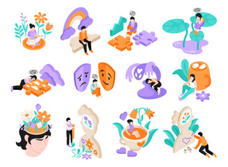 Naklejka premium Mental health original elements set in isometric illustration