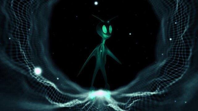 Green alien looking round in wormhole tunnel 