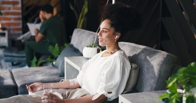 Drinking water, recovery and thinking with woman in drip lounge for health, hydration or wellness. Beverage, earphones and relax with person on iv for infusion of antioxidants, minerals or vitamins