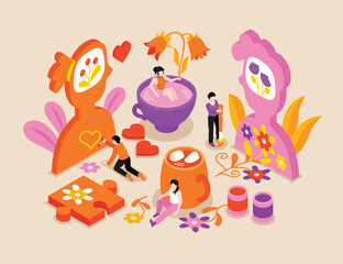 Mental health support scene composition in isometric illustration
