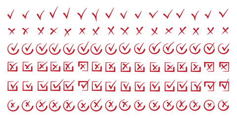 Check tick mark icon set. Cross box x check mark checkbox v list draw hand drawn sketch doodle brush marker checklist symbol wrong right circle. Illustration © Top