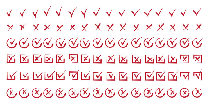 Check tick mark icon set. Cross box x check mark checkbox v list draw hand drawn sketch doodle brush marker checklist symbol wrong right circle. Illustration