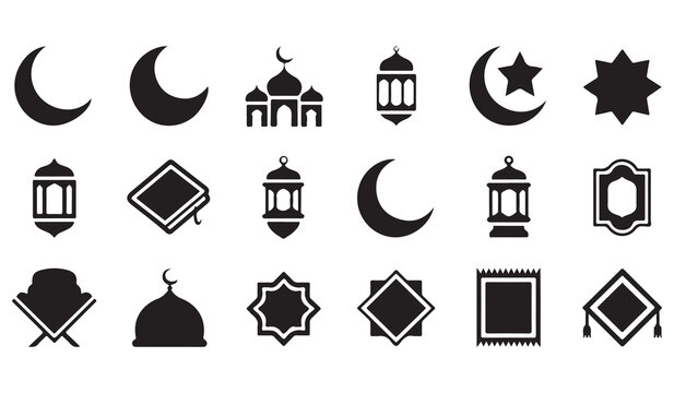 Islamic ramadan kareem icons set with moon star lanterns and mosque silhouettes for eid mubarak celebration