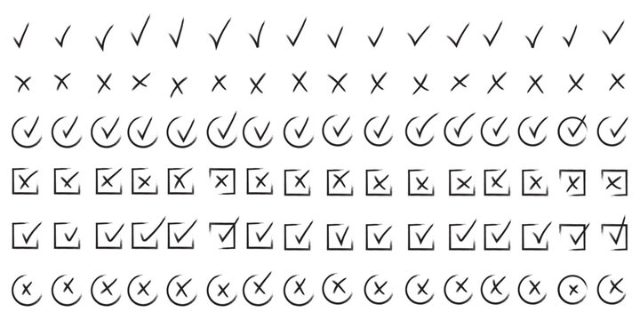 Check tick mark icon set. Cross box x check mark checkbox list vector draw hand drawn sketch doodle brush marker checklist symbol wrong right circle. hand drawn, grunge X sign. hand drawn tick