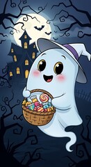 Cute Halloween Ghost with Candy Basket in Spooky Night Scene.