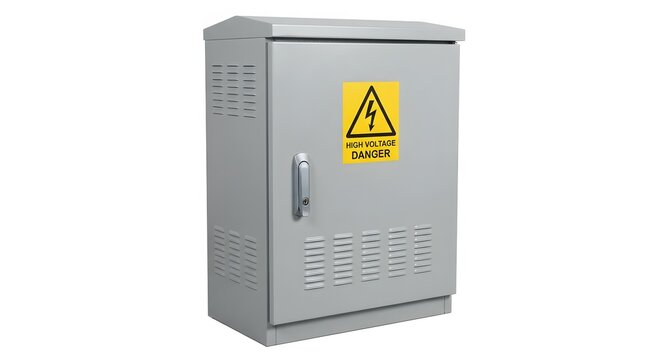 Metal electrical enclosure box with high voltage danger warning sign
