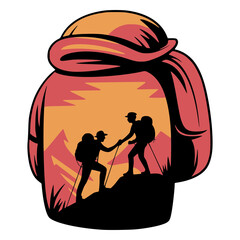 Adventure's Embrace: Two figures in silhouette hike, the rugged silhouettes captured against a backdrop of a sunrise, suggesting perseverance and camaraderie
