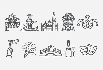 Minimalist icon set inspired by the Venice Carnival, featuring masks, gondola, historic architecture, celebration and Italian culture. Stroke line style, ideal for events and editorial design.