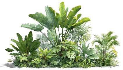 Lush tropical plants in dense cluster