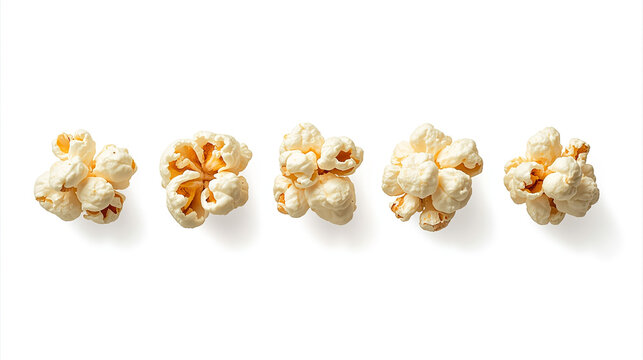 A digital photograph features five popped popcorn kernels on a white background, each with unique shapes and fluffy textures, showcasing yellow-orange centers.