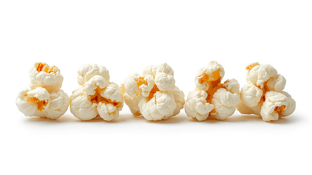 A digital photograph features five popped popcorn kernels on a white background, each with unique shapes and fluffy textures, showcasing yellow-orange centers.