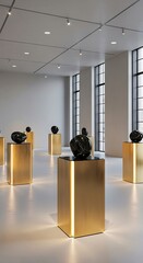 Art Gallery Exhibition - Sculptures on Golden Pedestals in a Minimalist Space.